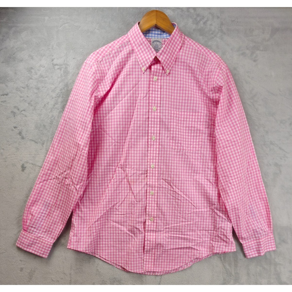 BROOKS BROTHERS Shirt Mens Large Regent Fit Gingham Plaid Pink Flip Cuff